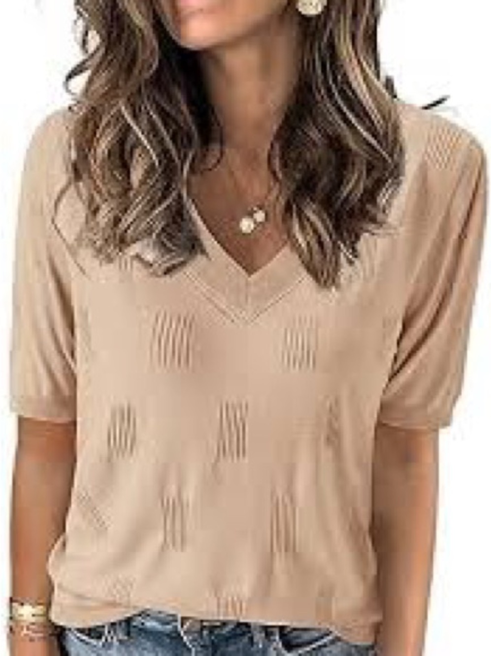 Women's Beige V-Neck Short Sleeve Knit Top
